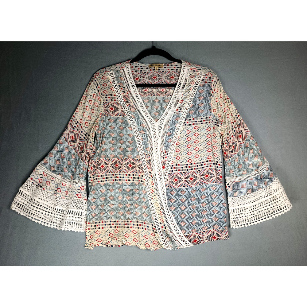 Democracy Women's Size Large Boho Crochet Trim Kimono Sleeve Blouse Top Red Blue